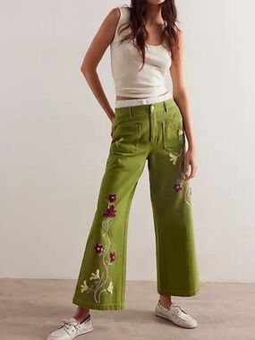 NWT We The Free Winter Bloom Embroidered Wide Leg Pants Green Boho Floral 28
